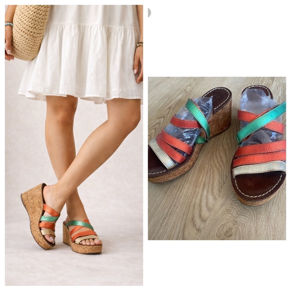 Fly London Size 41 Leather Cork Wedge Sandals Multicolor Strappy Platform